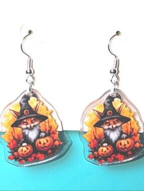 Hand Crafted Witch Fox Dangle Earrings in Orange, Black, Yellow